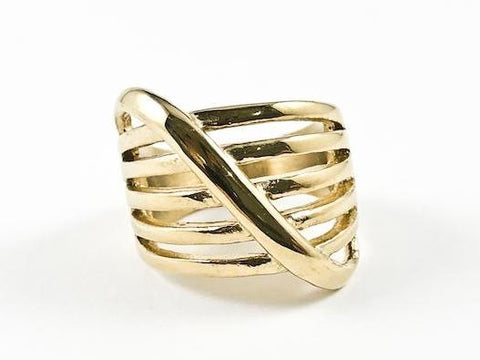 Modern Multi Row Band With Diagonal Strip Gold Tone Steel Ring