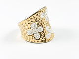 Unique Curved Hammered Style Band With Micro Pearl Floral Design Gold Tone Steel Ring