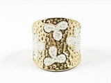 Unique Curved Hammered Style Band With Micro Pearl Floral Design Gold Tone Steel Ring