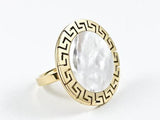 Modern Flat Round Center Mother Of Pearl With Greek Design Accents Border Gold Tone Steel Ring