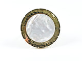 Modern Flat Round Center Mother Of Pearl With Greek Design Accents Border Gold Tone Steel Ring