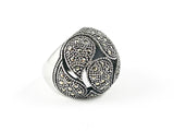 Modern Large Dome Shape Vintage Style Pattern Marcasite Stones Steel Ring