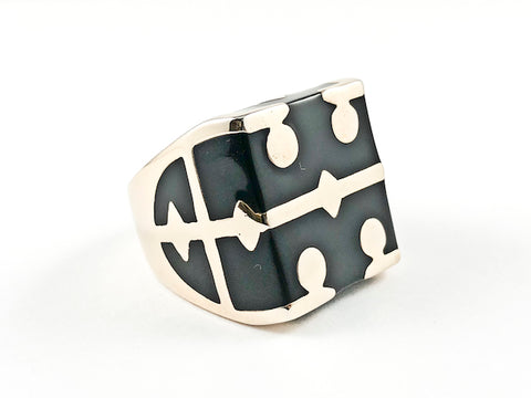 Elegant Greek Design Black Enamel Rose Gold Steel Ring