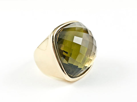 Modern Large Square Olive Green Topaz Gold Plated Steel Ring