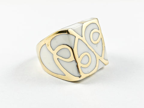 Modern Square White Enamel Vine Design Gold Plated Steel Ring