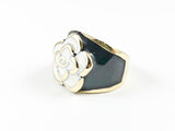 Modern Cute White Rose Petal Center Design Black Enamel Band Gold Tone Steel Ring
