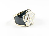 Modern Cute White Rose Petal Center Design Black Enamel Band Gold Tone Steel Ring