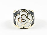 Modern Cute White Rose Petal Center Design Black Enamel Band Gold Tone Steel Ring