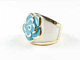 Modern Cute Turquoise Rose Petal Center Design White Enamel Band Gold Tone Steel Ring