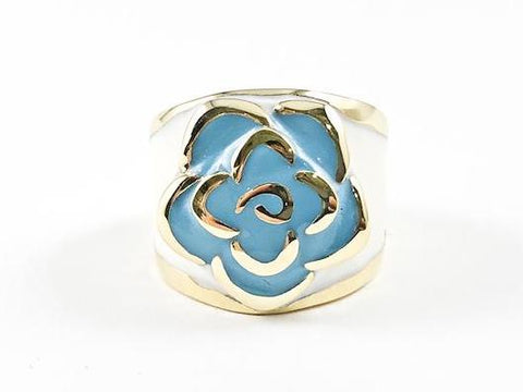 Modern Cute Turquoise Rose Petal Center Design White Enamel Band Gold Tone Steel Ring
