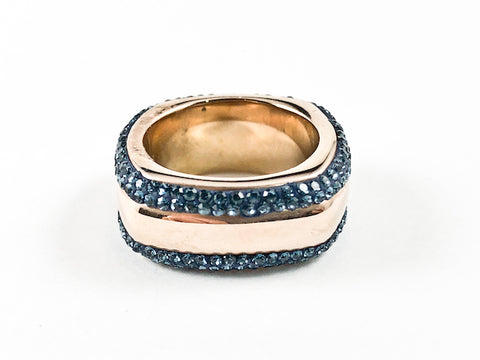 Modern Square Shape Band With Dark Blue Top & Bottom Frame Crystals Rose Gold Tone Steel Ring