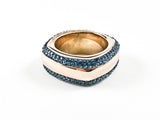Modern Square Shape Band With Dark Blue Top & Bottom Frame Crystals Rose Gold Tone Steel Ring