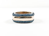 Modern Square Shape Band With Dark Blue Top & Bottom Frame Crystals Rose Gold Tone Steel Ring