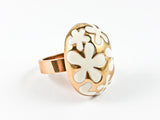 Unique Fun Oval Shape Egg Style Design White Enamel Floral Pattern Pink Gold Tone Steel Ring