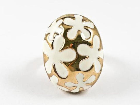 Unique Fun Oval Shape Egg Style Design White Enamel Floral Pattern Pink Gold Tone Steel Ring