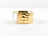 Elegant Hammered Eternity Band With Minor Strip Mother Of Pearl Stone Gold Tone Steel Ring