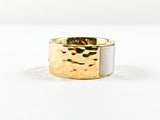 Elegant Hammered Eternity Band With Minor Strip Mother Of Pearl Stone Gold Tone Steel Ring