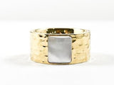Elegant Hammered Eternity Band With Minor Strip Mother Of Pearl Stone Gold Tone Steel Ring