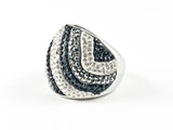 Elegant Bold Wavy Black & White Crystal Steel Ring