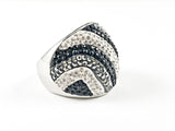 Elegant Bold Wavy Black & White Crystal Steel Ring
