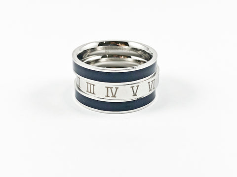 Modern 3 Piece Stackable Navy Enamel & Roman Numeral Eternity Band Steel Ring