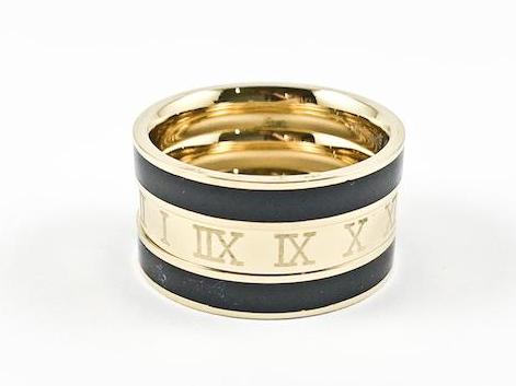 Modern 3 Piece Stackable Black Enamel & Roman Numeral Eternity Gold Tone Band Steel Ring