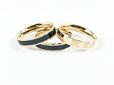 Modern 3 Piece Stackable Black Enamel & Roman Numeral Eternity Gold Tone Band Steel Ring