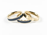Modern 3 Piece Stackable Navy Enamel & Roman Numeral Eternity Gold Tone Band Steel Ring