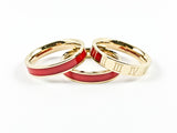 Modern 3 Piece Stackable Red Enamel & Roman Numeral Eternity Gold Tone Band Steel Ring