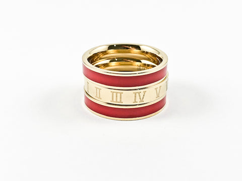 Modern 3 Piece Stackable Red Enamel & Roman Numeral Eternity Gold Tone Band Steel Ring