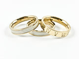 Modern 3 Piece Stackable White Enamel & Roman Numeral Eternity Gold Tone Band Steel Ring