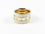 Modern 3 Piece Stackable White Enamel & Roman Numeral Eternity Gold Tone Band Steel Ring