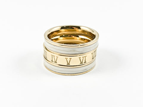 Modern 3 Piece Stackable White Enamel & Roman Numeral Eternity Gold Tone Band Steel Ring