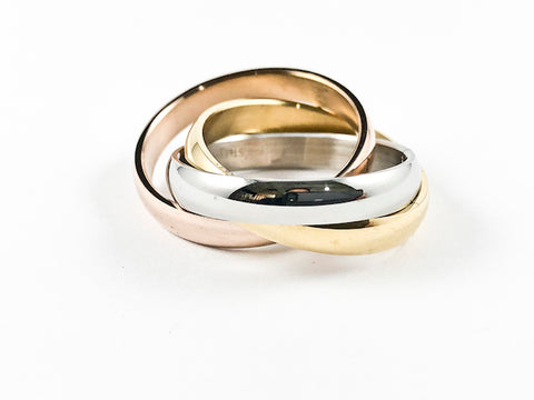 Modern Elegant 3 Eternity Band Interlocked Design Tri-Color Tone Steel Ring