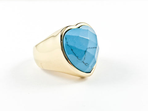 Modern Large Heart Shape Center Turquoise Stone Yellow Gold Steel Ring