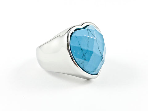 Modern Large Heart Shape Center Turquoise Stone Steel Ring