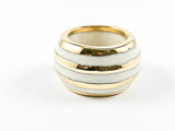 Modern Elegant Multi Row White Enamel Gold Tone Metallic Pattern Eternity Steel Ring