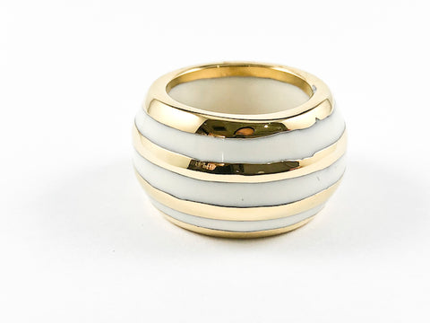 Modern Elegant Multi Row White Enamel Gold Tone Metallic Pattern Eternity Steel Ring