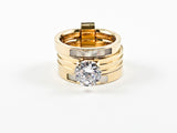 Elegant Engagement Style Stackable Connected Set Mother Of Pearl CZ Steel Ring