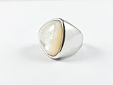 Modern Large Unique Shape Mother Of Pearl Center Stone Steel Ring