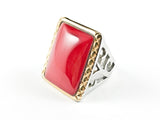 Fun Large Rectangular Shape Red Coral Center Stone Two Tone Brass Ring