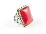 Fun Large Rectangular Shape Red Coral Center Stone Two Tone Brass Ring