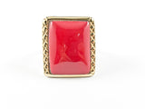 Fun Large Rectangular Shape Red Coral Center Stone Two Tone Brass Ring