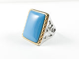 Fun Large Rectangular Shape Turquoise Color Center Stone Two Tone Brass Ring