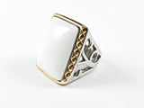 Fun Large Rectangular Shape White Color Center Stone Two Tone Brass Ring