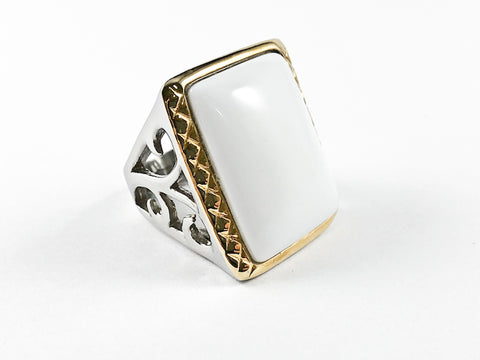 Fun Large Rectangular Shape White Color Center Stone Two Tone Brass Ring