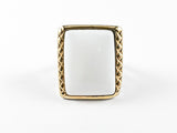 Fun Large Rectangular Shape White Color Center Stone Two Tone Brass Ring