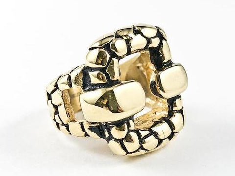 Modern Textured Cut Out Rectangle Frame Design Gold Tone Steel Ring