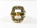 Modern Textured Cut Out Rectangle Frame Design Gold Tone Steel Ring