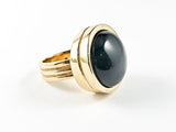 Elegant Round Shape Half Round Dark Navy Center Gold Tone Steel Ring